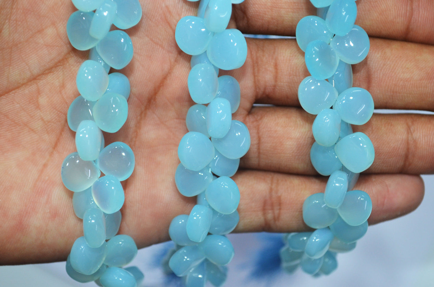 Sea Foam Aqua chalcedony Side Drill smooth  Heart Shape  Briolettes, Sold By Strand, 7 Inches,10 mm, 32675