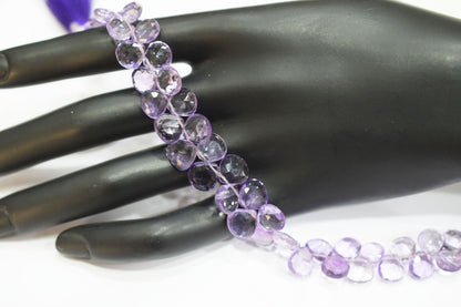 Natural Pink Amethyst Heart Shape Beads , Pink Amethyst Faceted Briolettes , 7 Inches , 7x7 mm to 8x10 mm , 32682
