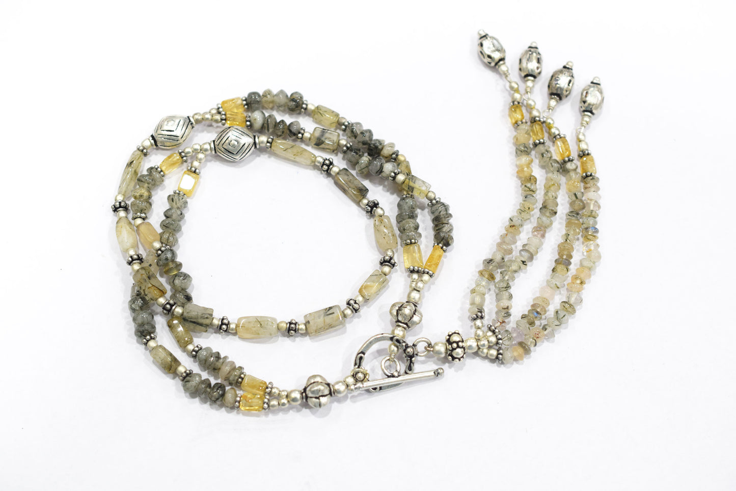Multi Strand Citrine and Black Rutile Quartz Necklace, Rutilated Quartz Beaded Tassel Necklace with earrings ,32806