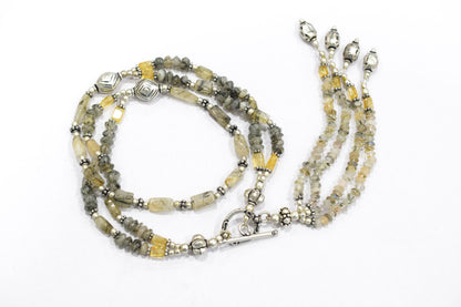Multi Strand Citrine and Black Rutile Quartz Necklace, Rutilated Quartz Beaded Tassel Necklace with earrings ,32806