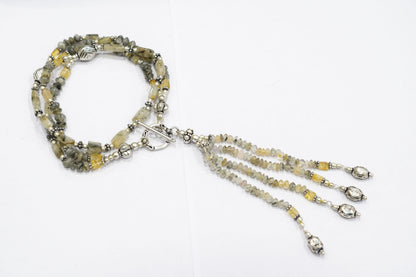Multi Strand Citrine and Black Rutile Quartz Necklace, Rutilated Quartz Beaded Tassel Necklace with earrings ,32806