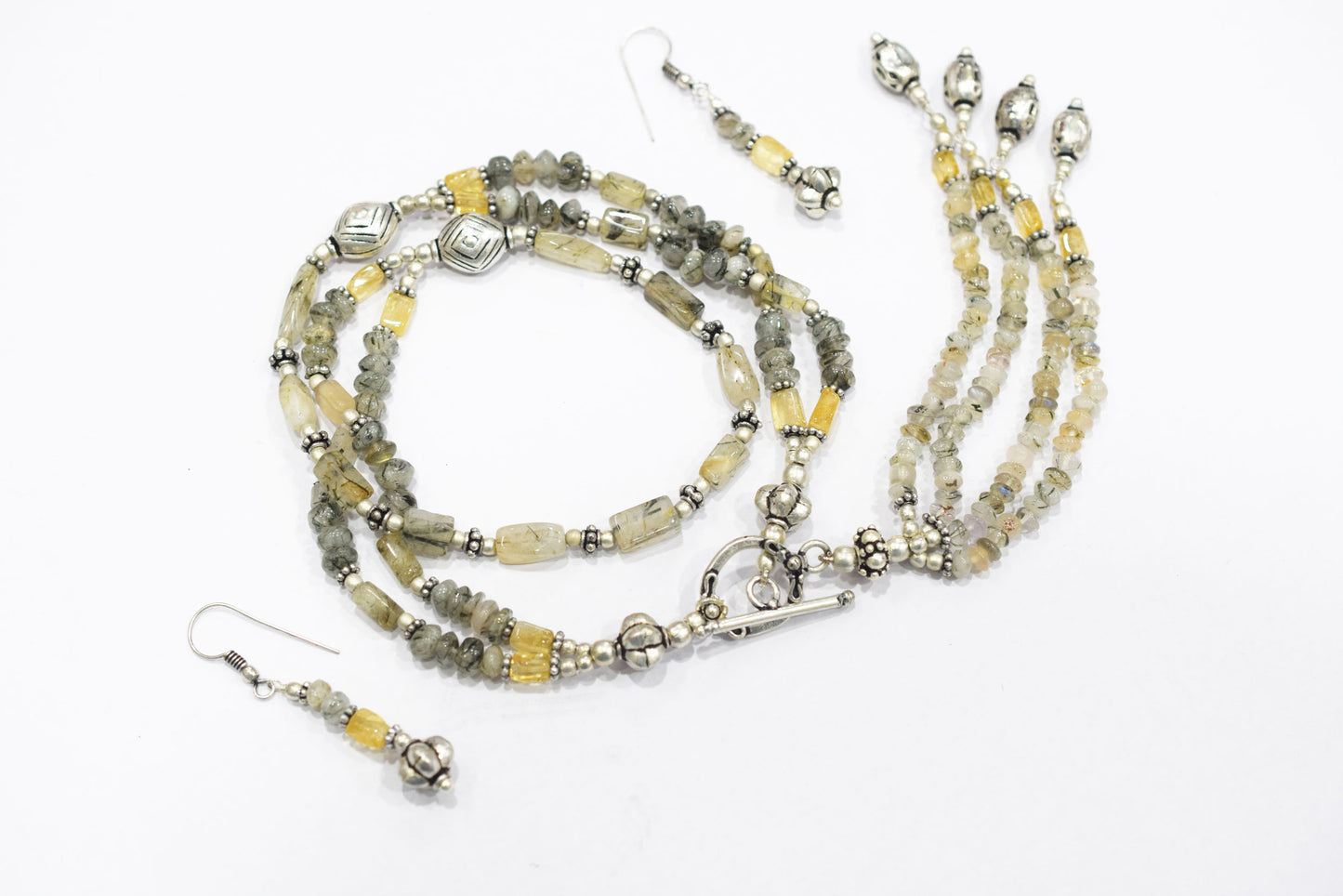 Multi Strand Citrine and Black Rutile Quartz Necklace, Rutilated Quartz Beaded Tassel Necklace with earrings ,32806
