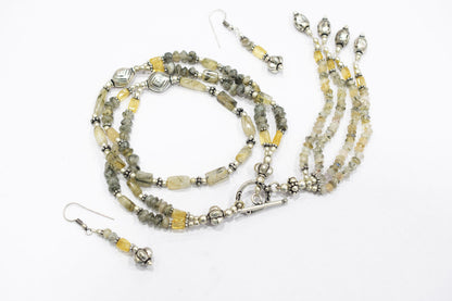 Multi Strand Citrine and Black Rutile Quartz Necklace, Rutilated Quartz Beaded Tassel Necklace with earrings ,32806