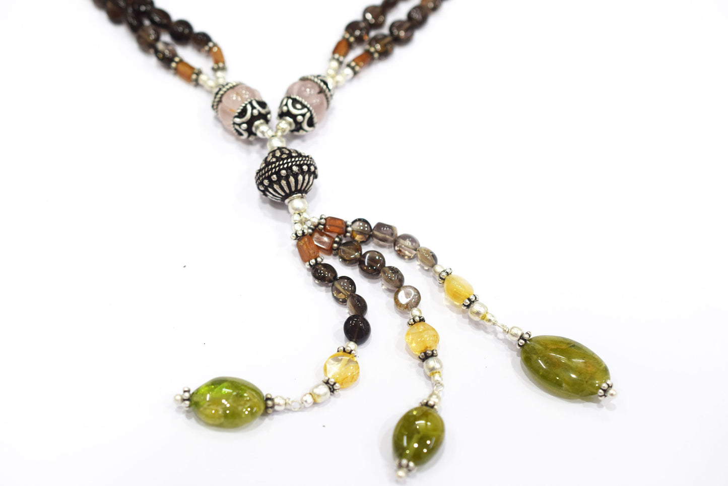 Natural Rose Quartz, Citrine & Vessonite Garnet Beaded Tassel Necklace and Earring Set For Her, 32807