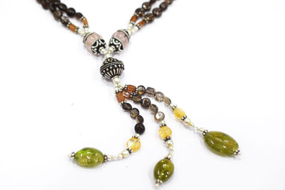Natural Rose Quartz, Citrine & Vessonite Garnet Beaded Tassel Necklace and Earring Set For Her, 32807