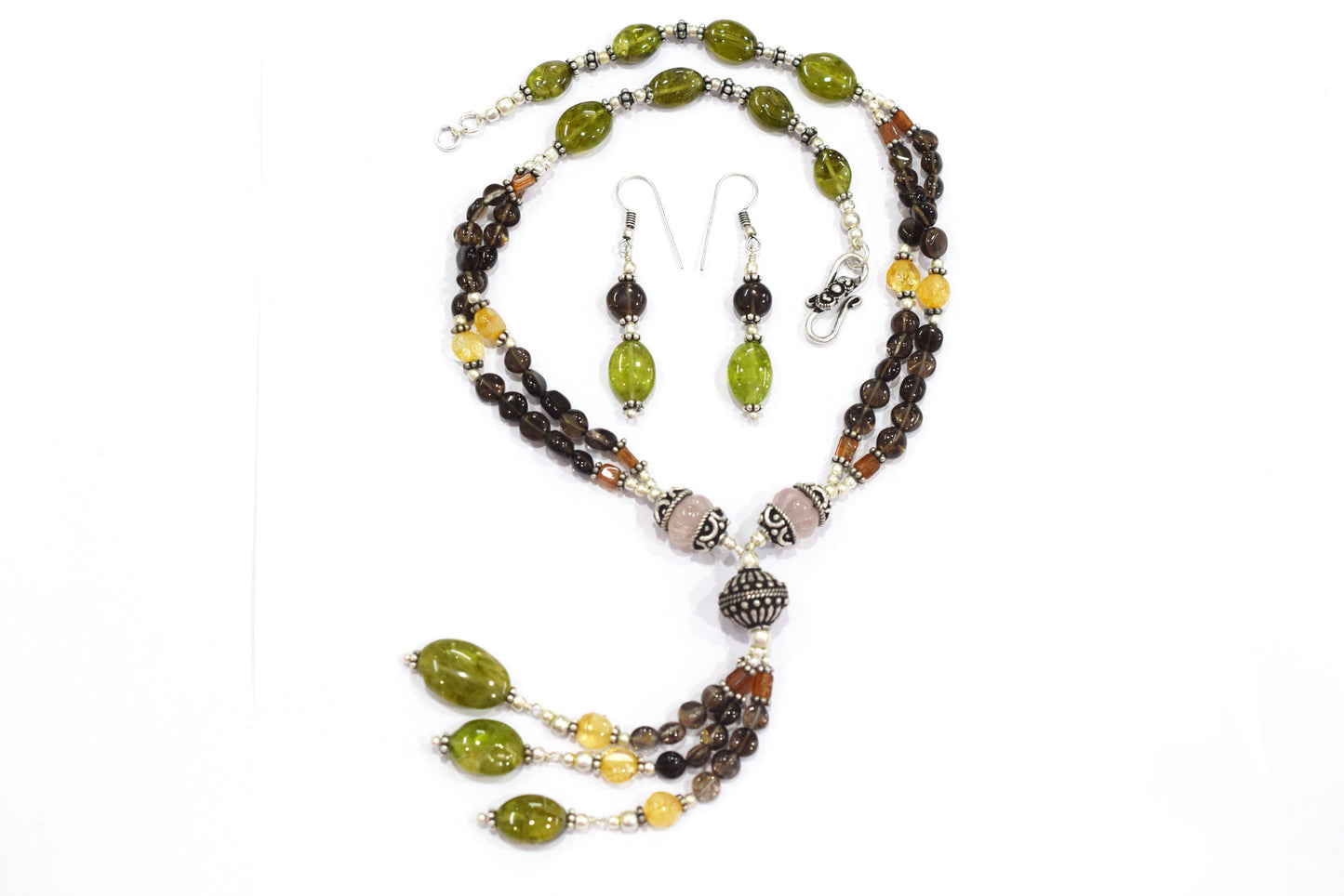 Natural Rose Quartz, Citrine & Vessonite Garnet Beaded Tassel Necklace and Earring Set For Her, 32807