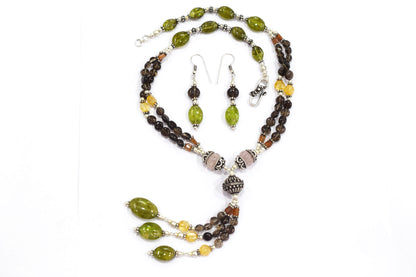 Natural Rose Quartz, Citrine & Vessonite Garnet Beaded Tassel Necklace and Earring Set For Her, 32807