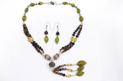 Natural Rose Quartz, Citrine & Vessonite Garnet Beaded Tassel Necklace and Earring Set For Her, 32807