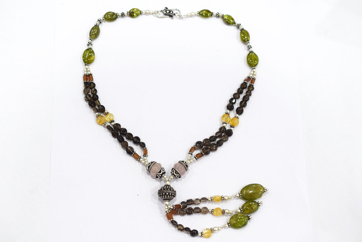 Natural Rose Quartz, Citrine & Vessonite Garnet Beaded Tassel Necklace and Earring Set For Her, 32807