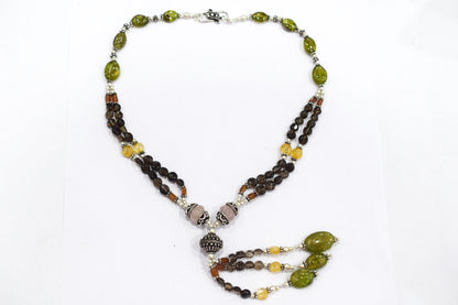 Natural Rose Quartz, Citrine & Vessonite Garnet Beaded Tassel Necklace and Earring Set For Her, 32807