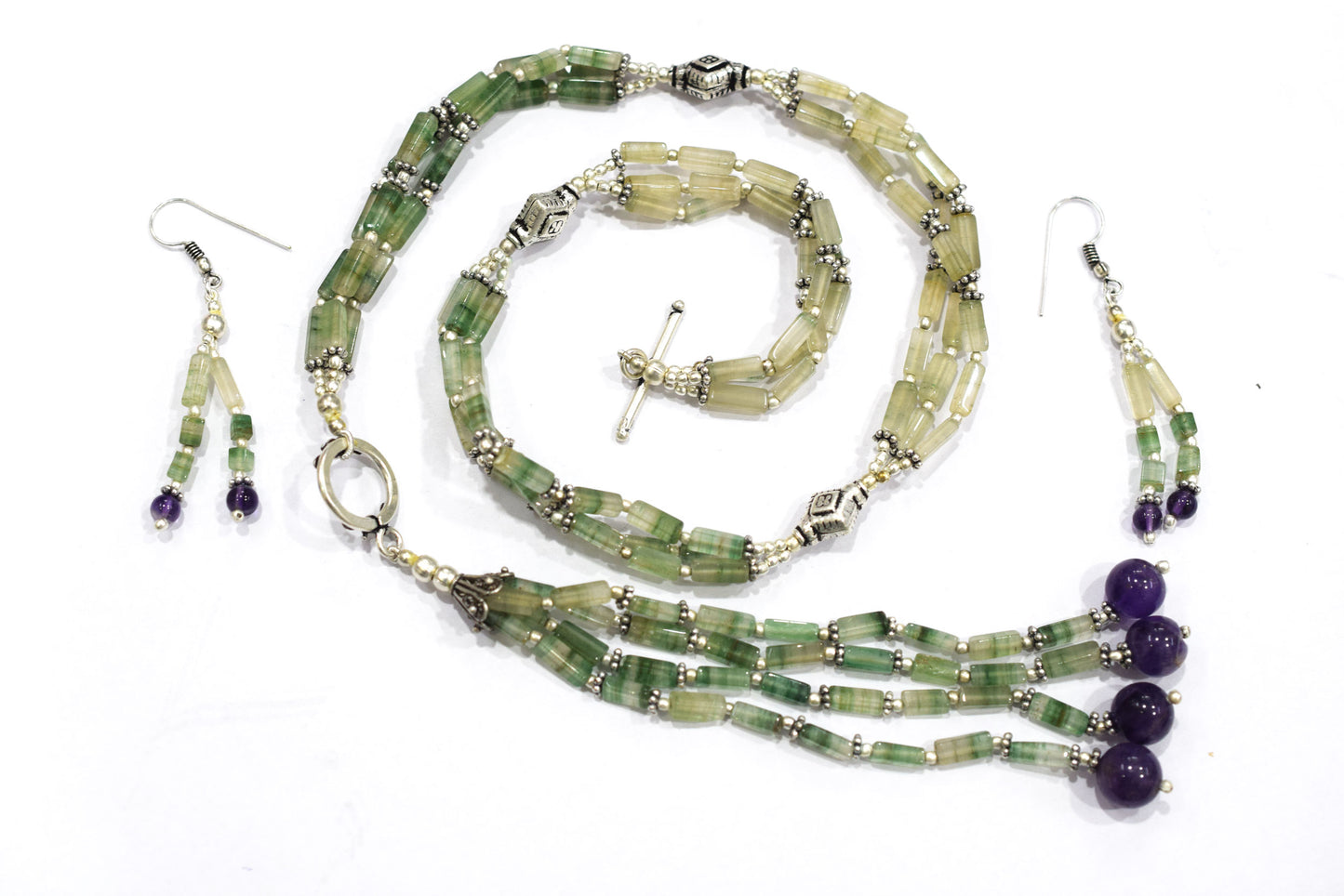 Natural Green Aventurine & Amethyst Beaded Tassel Necklace with Matching Earrings Set, 32808