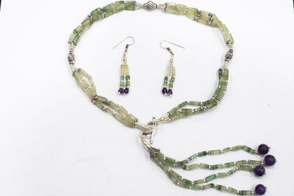 Natural Green Aventurine & Amethyst Beaded Tassel Necklace with Matching Earrings Set, 32808