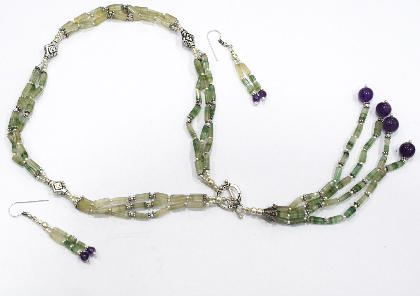 Natural Green Aventurine & Amethyst Beaded Tassel Necklace with Matching Earrings Set, 32808