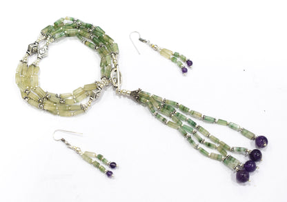 Natural Green Aventurine & Amethyst Beaded Tassel Necklace with Matching Earrings Set, 32808