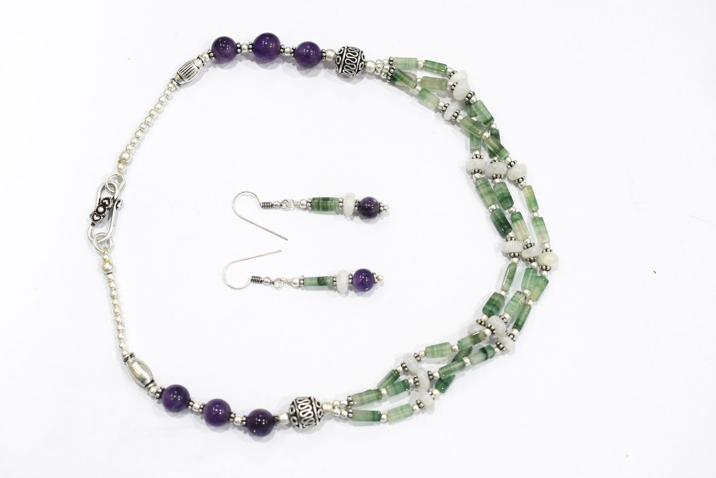 Natural Green Aventurine, White Agate & Amethyst Layered Necklace Set With Matching Earrings , 32809 (Copy)