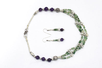 Natural Green Aventurine, White Agate & Amethyst Layered Necklace Set With Matching Earrings , 32809 (Copy)