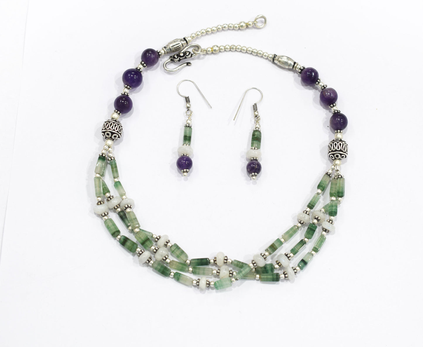 Natural Green Aventurine, White Agate & Amethyst Layered Necklace Set With Matching Earrings , 32809 (Copy)