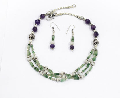 Natural Green Aventurine, White Agate & Amethyst Layered Necklace Set With Matching Earrings , 32809 (Copy)