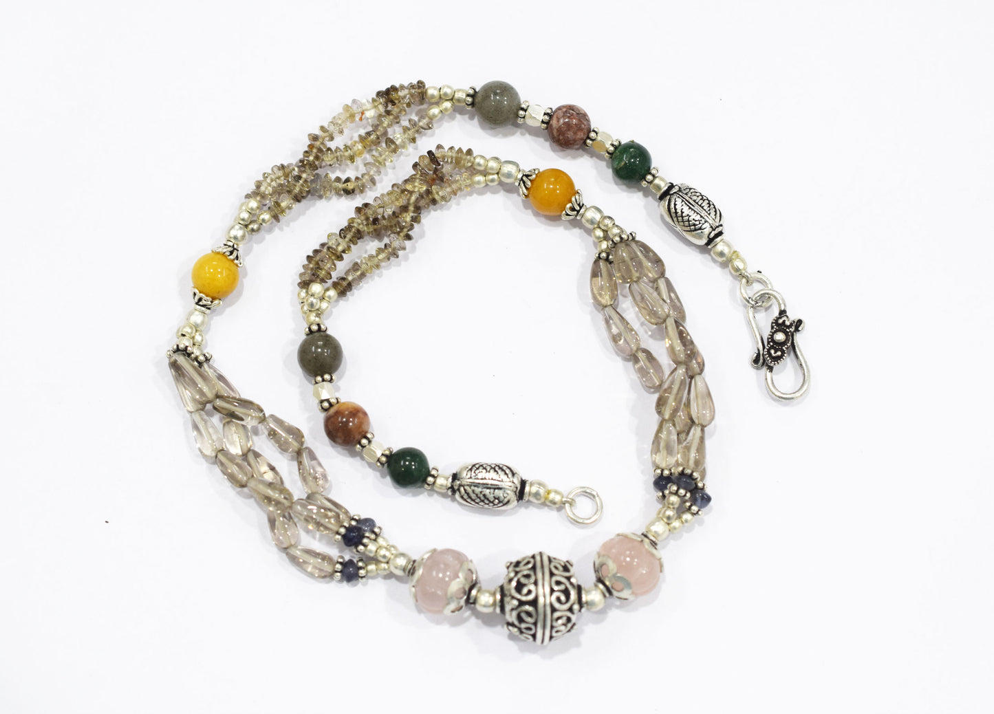 Natural Rose Quartz, Smoky Quartz & Multi Aventurine Layered Necklace Set with Matching Drop Earrings, 32810