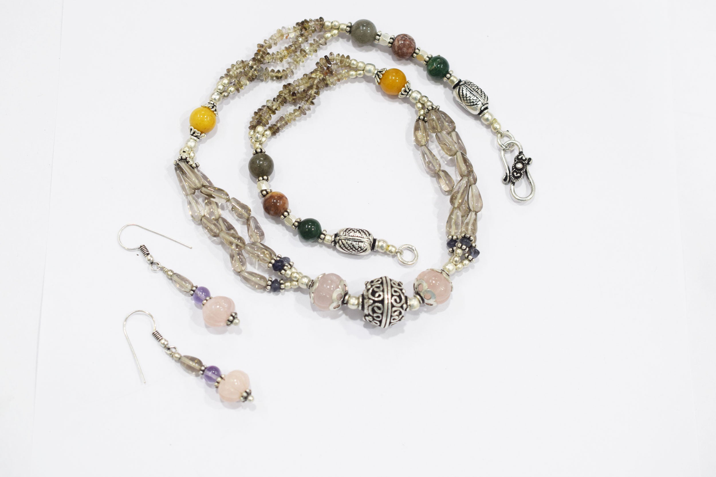 Natural Rose Quartz, Smoky Quartz & Multi Aventurine Layered Necklace Set with Matching Drop Earrings, 32810