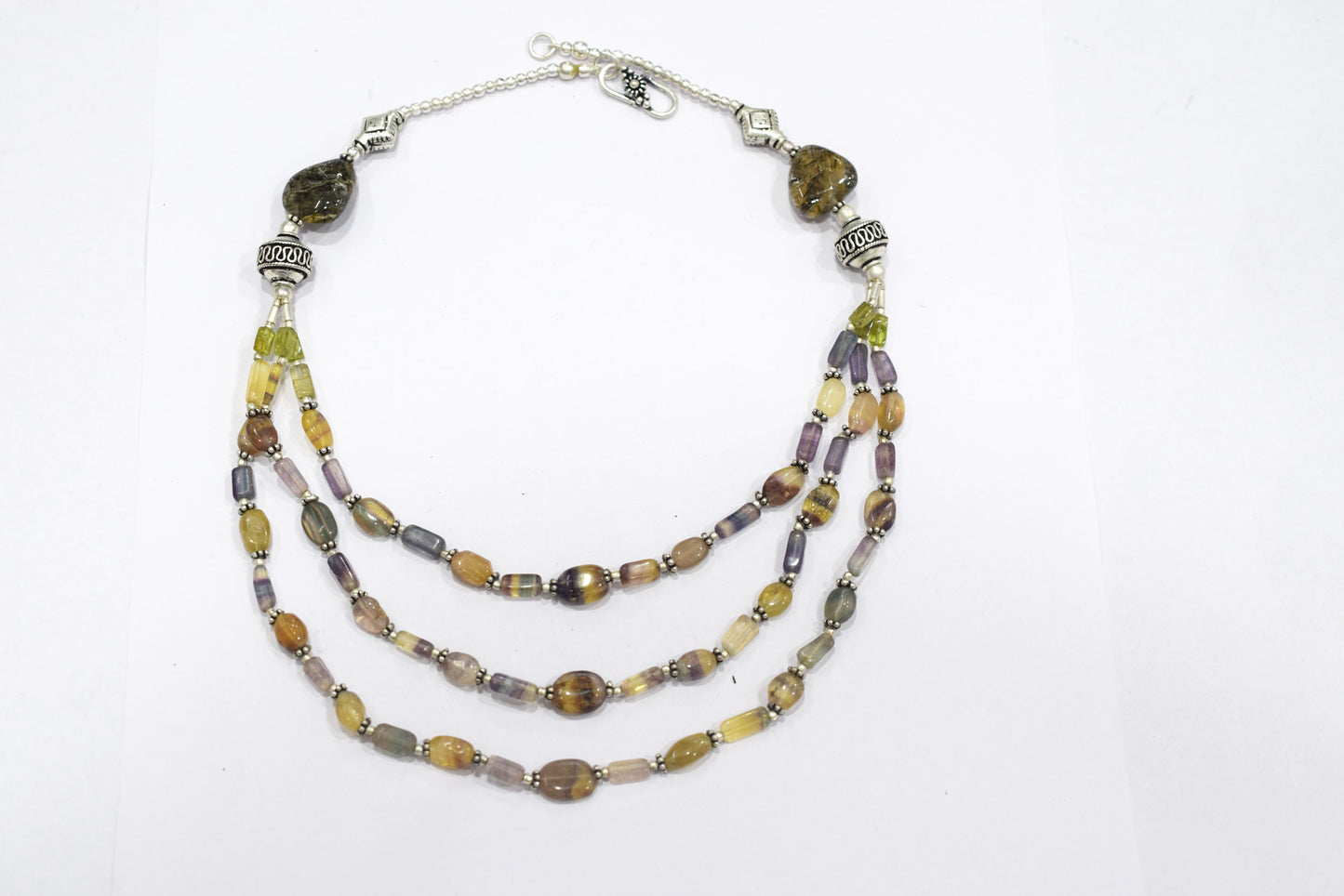 Natural Multi Fluorite, Peridot & Rutile Quartz Layered Necklace Set With Matching Earrings, 32811