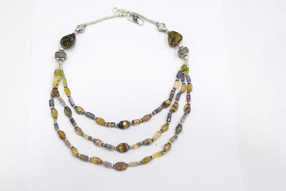 Natural Multi Fluorite, Peridot & Rutile Quartz Layered Necklace Set With Matching Earrings, 32811