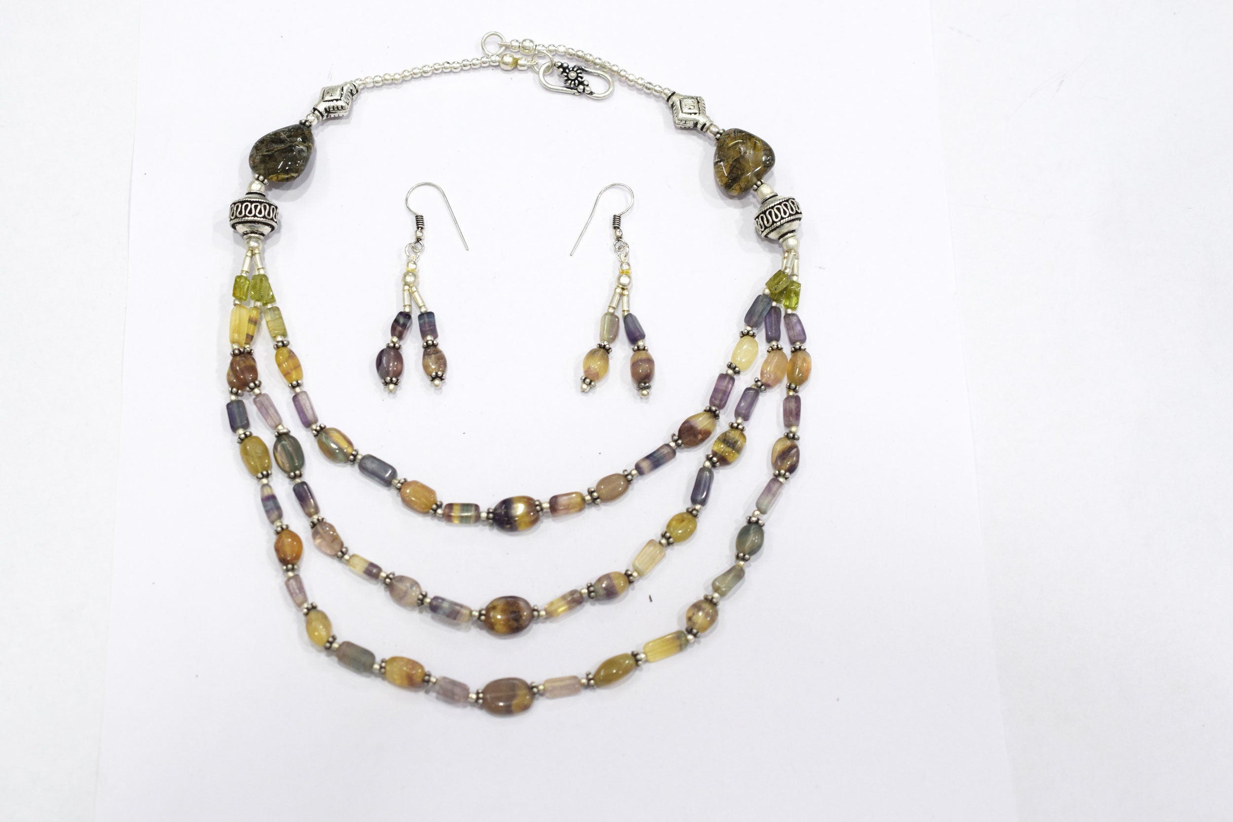 Natural Multi Fluorite, Peridot & Rutile Quartz Layered Necklace Set With Matching Earrings, 32811