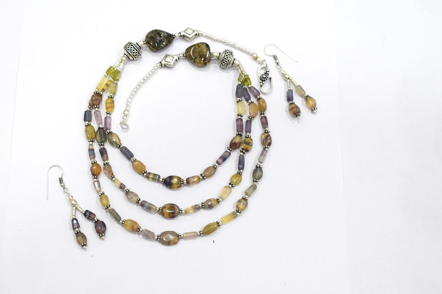 Natural Multi Fluorite, Peridot & Rutile Quartz Layered Necklace Set With Matching Earrings, 32811