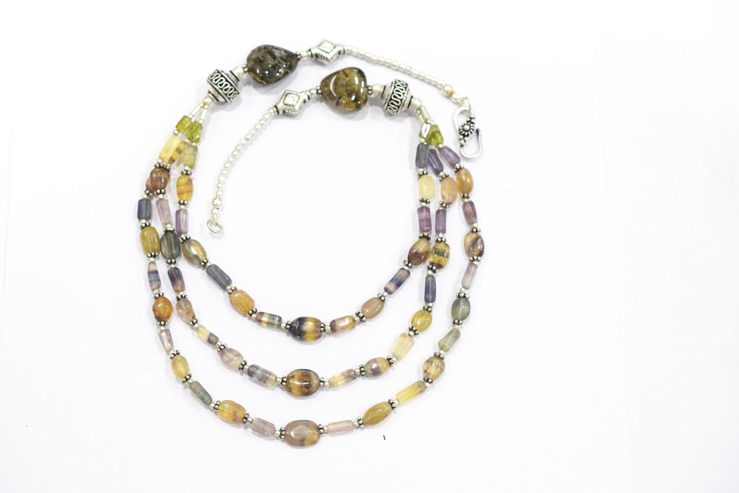 Natural Multi Fluorite, Peridot & Rutile Quartz Layered Necklace Set With Matching Earrings, 32811