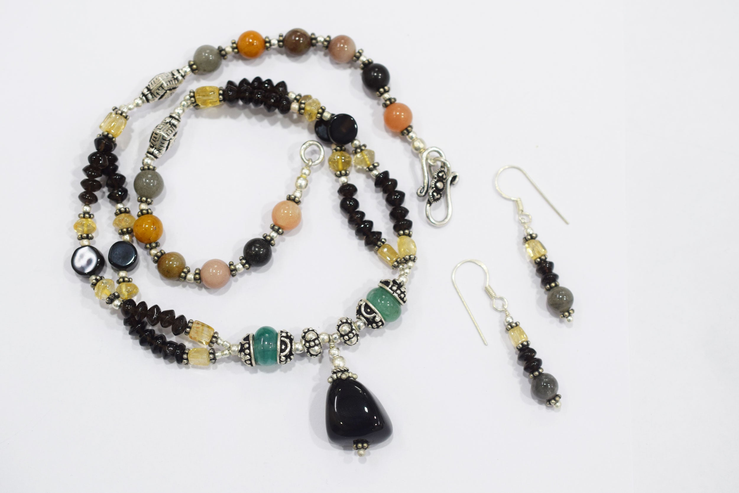 Natural Moonstone, Citrine, Smoky & Green Quartz Pendant Necklace Set with Matching Earrings, 32812