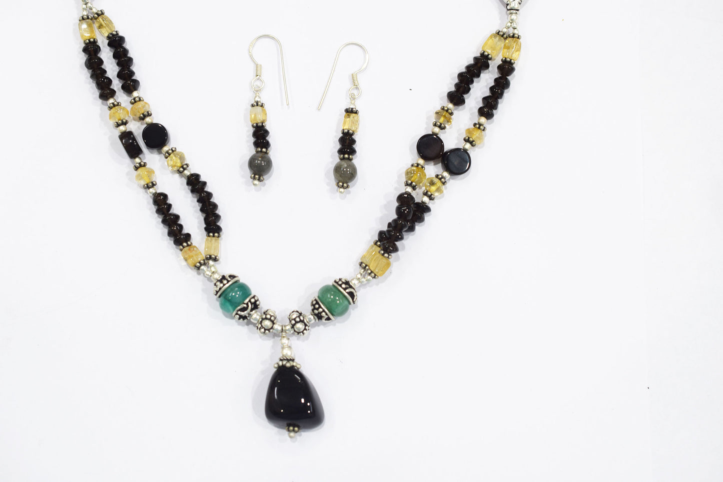 Natural Moonstone, Citrine, Smoky & Green Quartz Pendant Necklace Set with Matching Earrings, 32812