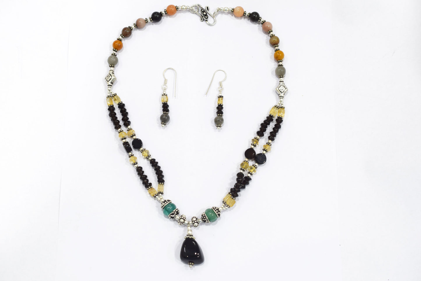 Natural Moonstone, Citrine, Smoky & Green Quartz Pendant Necklace Set with Matching Earrings, 32812