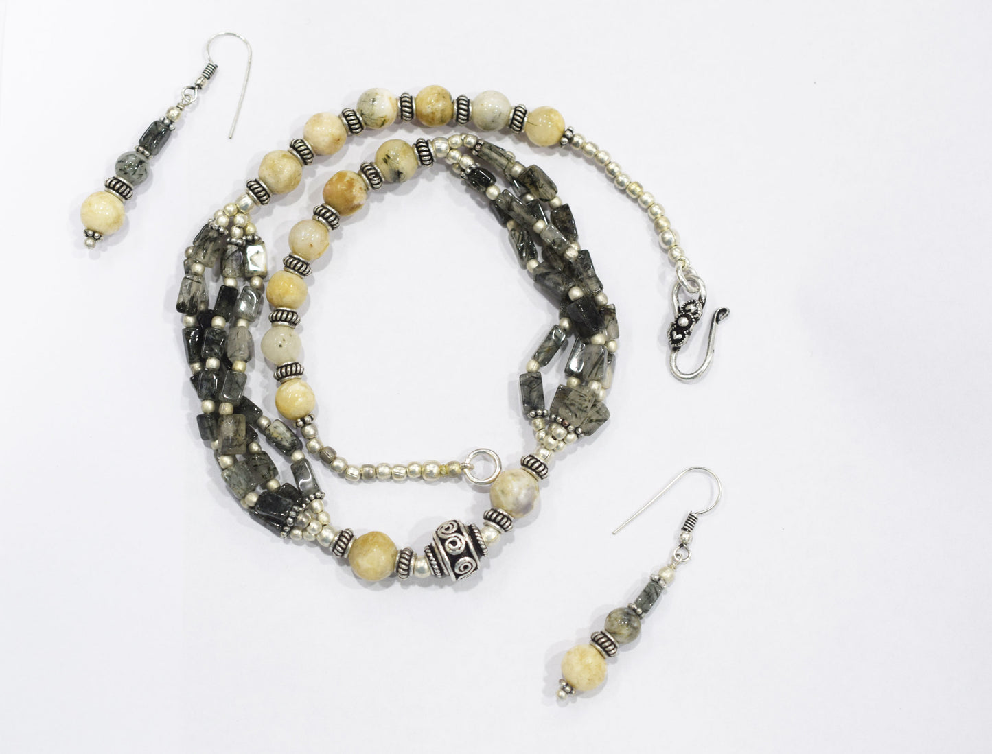 Natural Black Rutilated Quartz Multi-Strand Statement Necklace Set with Matching Drop Earrings, 32813
