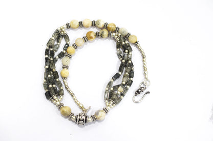 Natural Black Rutilated Quartz Multi-Strand Statement Necklace Set with Matching Drop Earrings, 32813