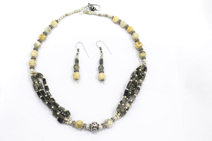 Natural Black Rutilated Quartz Multi-Strand Statement Necklace Set with Matching Drop Earrings, 32813