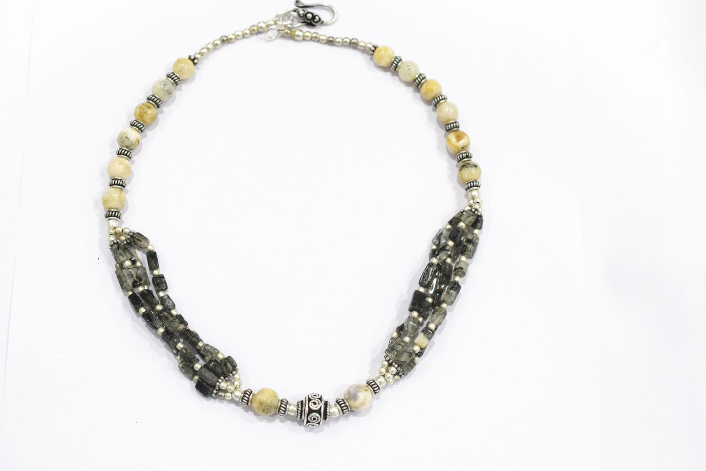 Natural Black Rutilated Quartz Multi-Strand Statement Necklace Set with Matching Drop Earrings, 32813