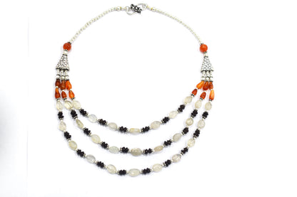 Natural Carnelian, Smoky Quartz & Crystal Quartz 3-Strand Layered Necklace Set with Matching Earrings, 32814