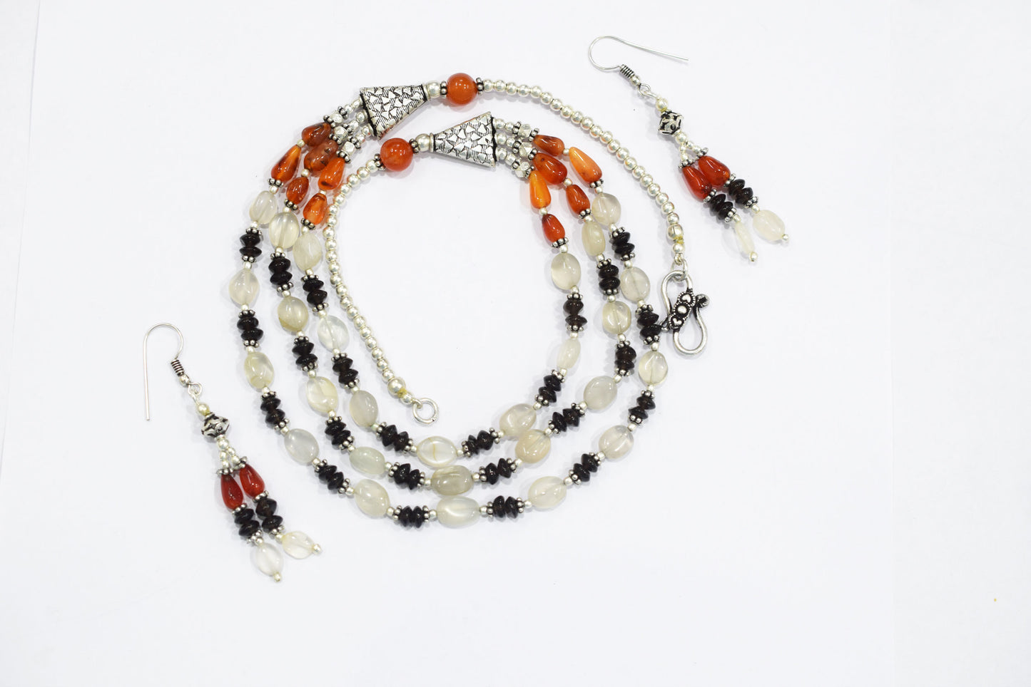 Natural Carnelian, Smoky Quartz & Crystal Quartz 3-Strand Layered Necklace Set with Matching Earrings, 32814