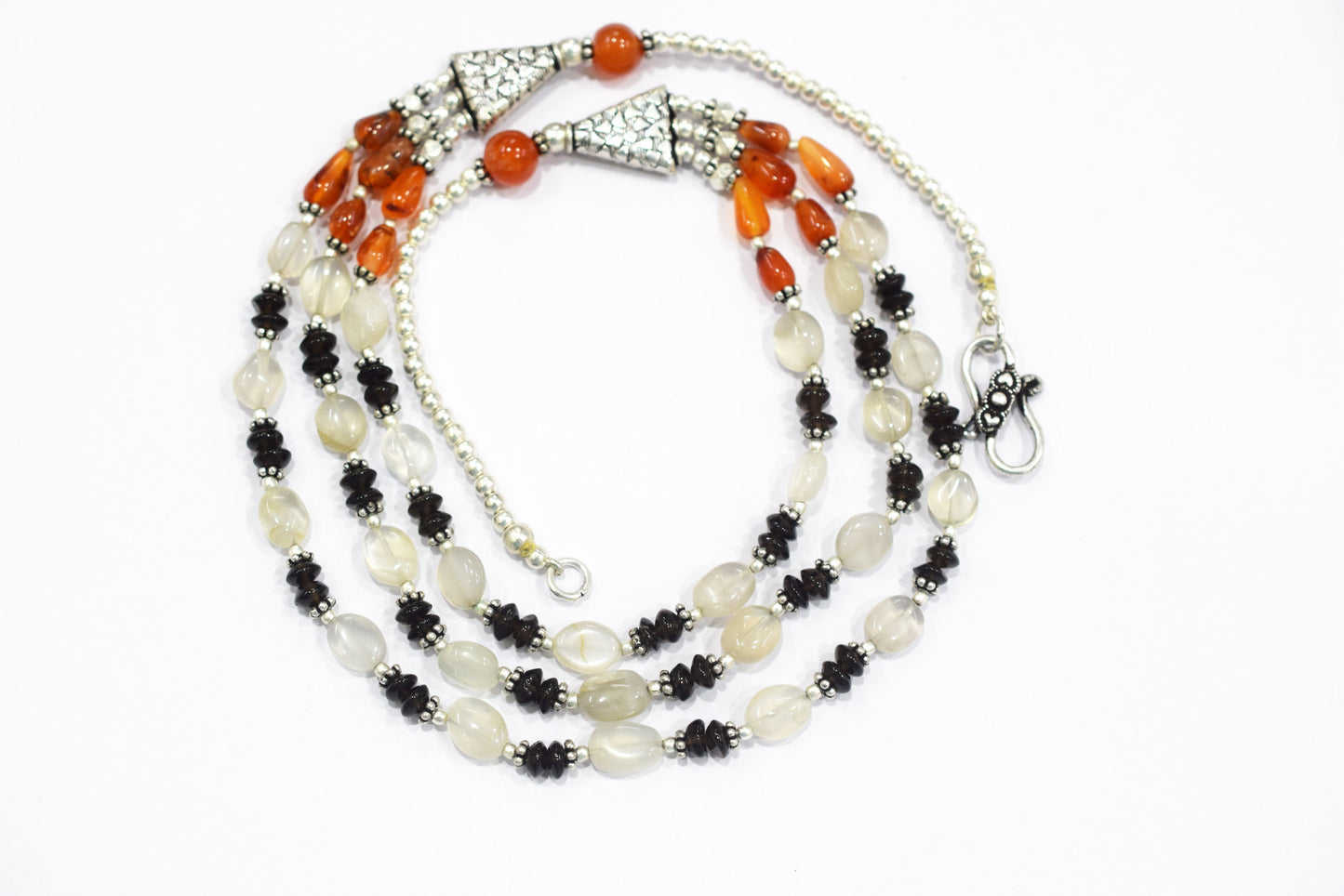 Natural Carnelian, Smoky Quartz & Crystal Quartz 3-Strand Layered Necklace Set with Matching Earrings, 32814
