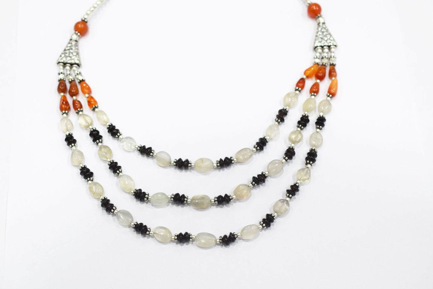 Natural Carnelian, Smoky Quartz & Crystal Quartz 3-Strand Layered Necklace Set with Matching Earrings, 32814