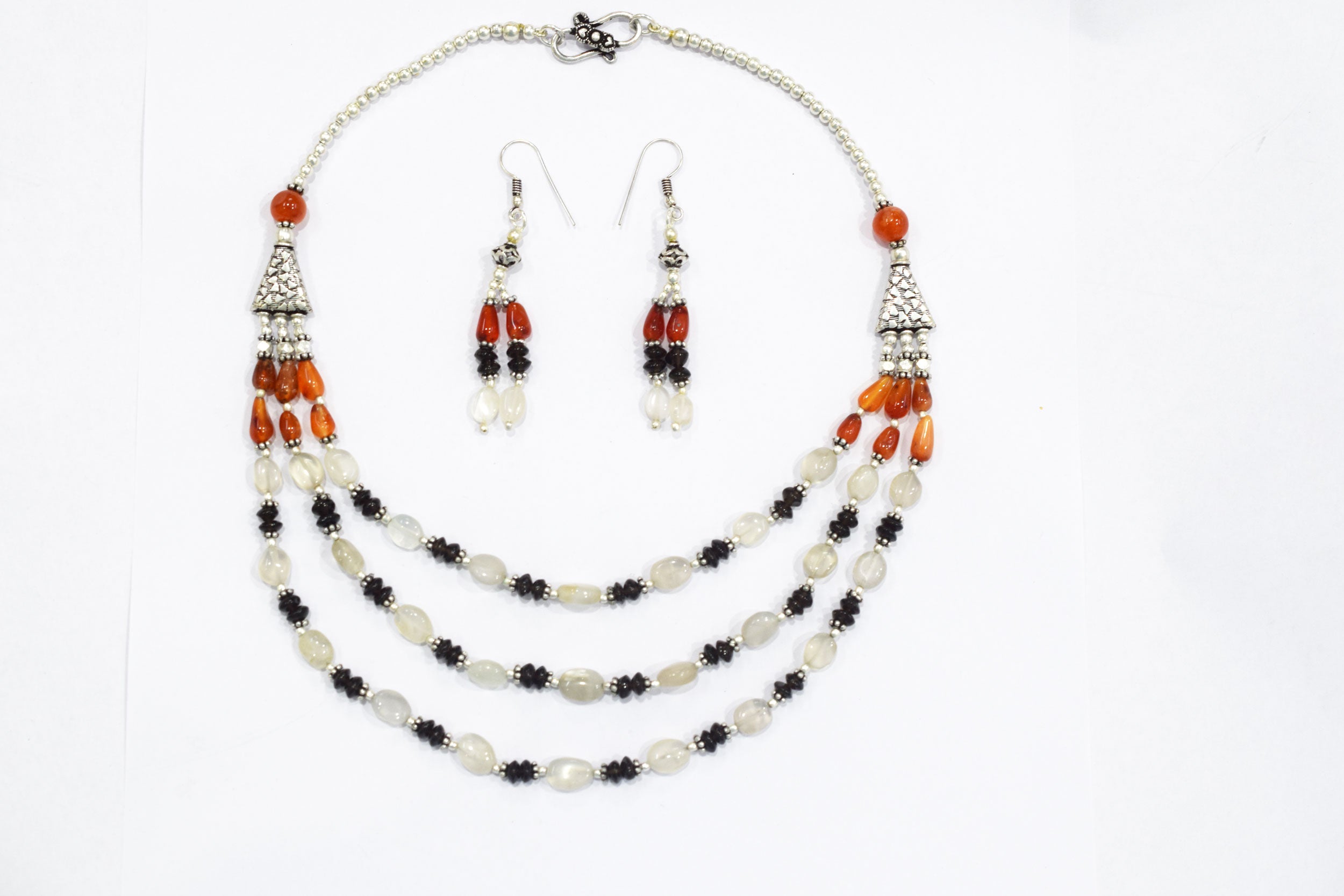 Natural Carnelian, Smoky Quartz & Crystal Quartz 3-Strand Layered Necklace Set with Matching Earrings, 32814