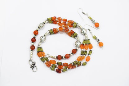 Natural Carnelian, Peridot &amp; Red Jasper Multi-Strand Braided Necklace Set , Earthy Multi-Layer Gemstone Statement Jewelry with Drop Earrings, 32815