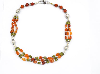 Natural Carnelian, Peridot &amp; Red Jasper Multi-Strand Braided Necklace Set , Earthy Multi-Layer Gemstone Statement Jewelry with Drop Earrings, 32815