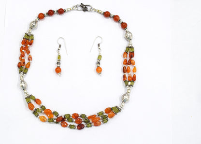 Natural Carnelian, Peridot &amp; Red Jasper Multi-Strand Braided Necklace Set , Earthy Multi-Layer Gemstone Statement Jewelry with Drop Earrings, 32815