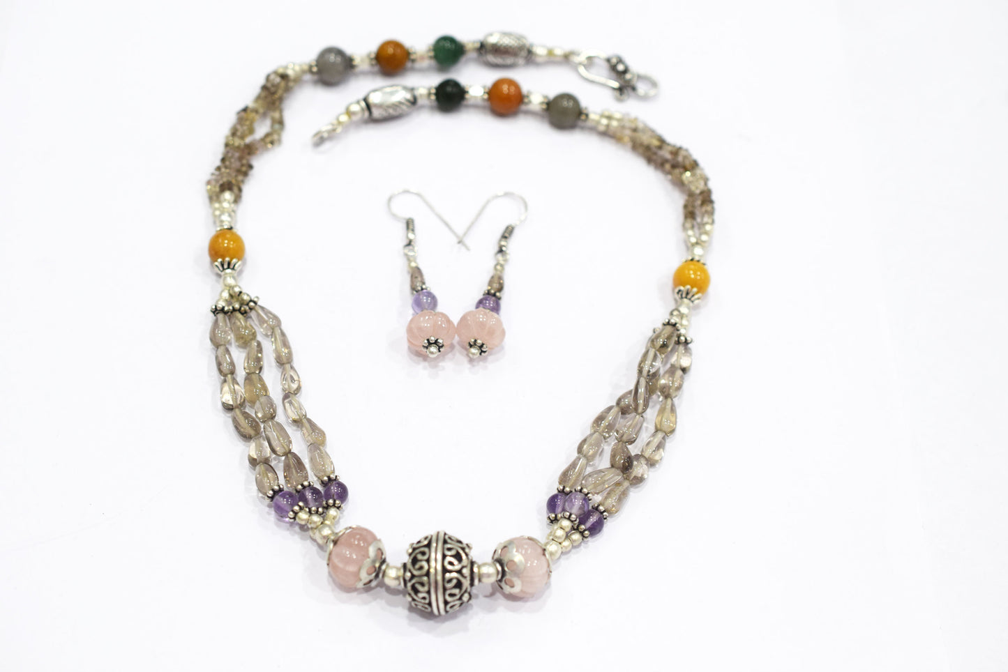 Natural Rose Quartz, Smoky Quartz & Multi Aventurine Layered Necklace Set with Matching Drop Earrings, 32816