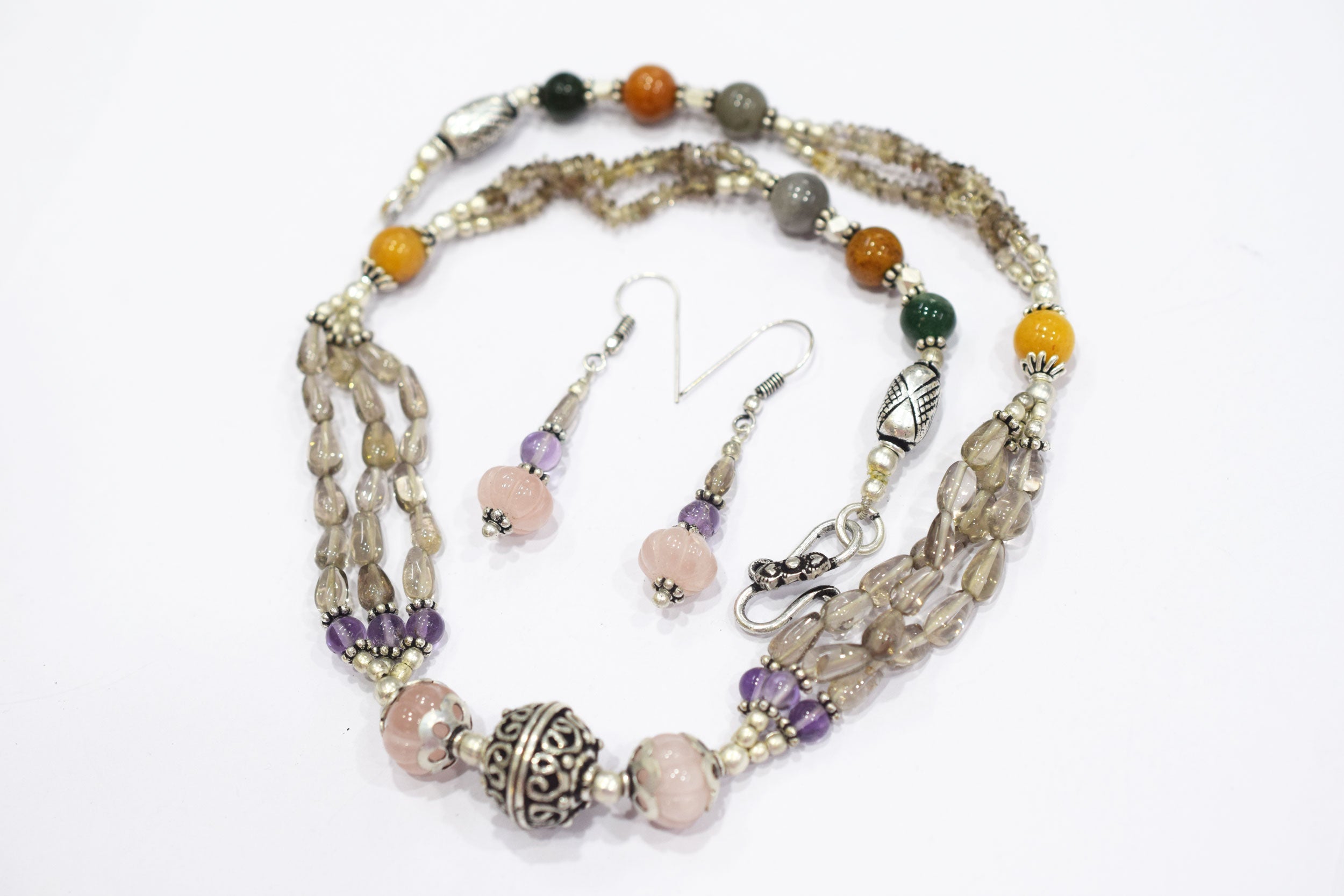 Natural Rose Quartz, Smoky Quartz & Multi Aventurine Layered Necklace Set with Matching Drop Earrings, 32816