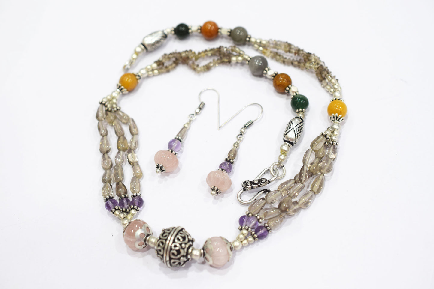 Natural Rose Quartz, Smoky Quartz & Multi Aventurine Layered Necklace Set with Matching Drop Earrings, 32816