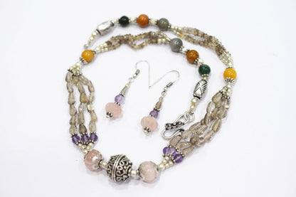 Natural Rose Quartz, Smoky Quartz & Multi Aventurine Layered Necklace Set with Matching Drop Earrings, 32816