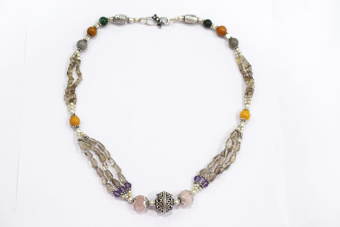 Natural Rose Quartz, Smoky Quartz & Multi Aventurine Layered Necklace Set with Matching Drop Earrings, 32816