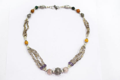 Natural Rose Quartz, Smoky Quartz & Multi Aventurine Layered Necklace Set with Matching Drop Earrings, 32816